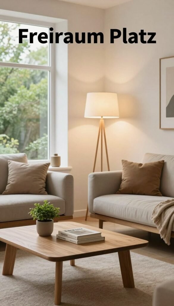 A serene and inviting living space named "Freiraum Platz" designed for small areas, showcasing minimalist furniture with elegant lines and warm tones. In the foreground, a tasteful coffee table made of natural wood holds a small potted plant and a couple of decorative books. The middle ground features a stylish sofa adorned with cozy cushions, paired with a chic floor lamp casting soft, ambient light. In the background, a large window allows natural light to flood the room, highlighting a lush green view outside. The overall atmosphere is calming and open, emphasizing the philosophy that less is more in limited spaces. The decor includes items from "WohnKiste," blending modern simplicity with a warm Pinterest aesthetic.