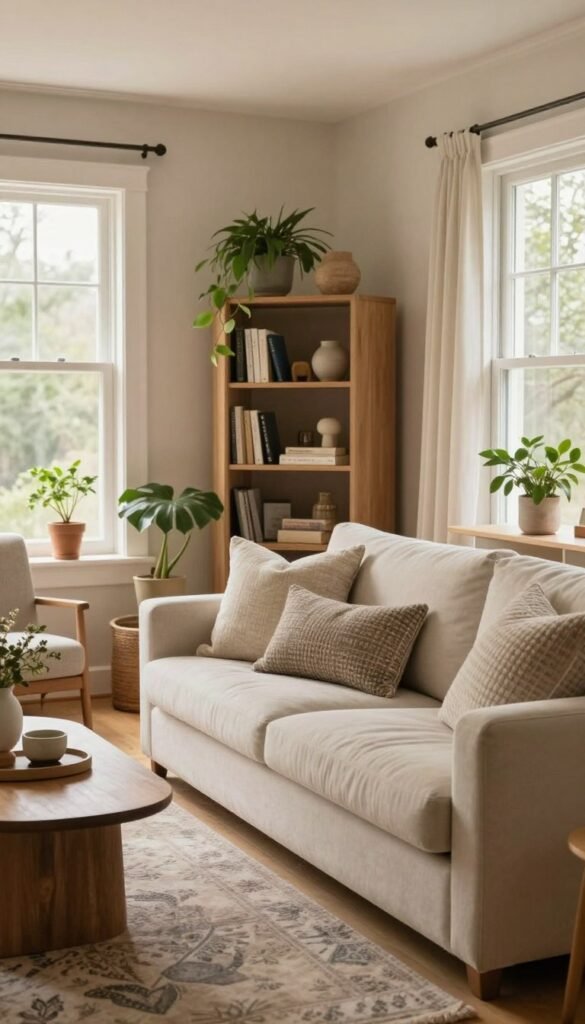 A serene and inviting living space, showcasing harmonious proportions and balanced design elements. In the foreground, a cozy seating area with a striking sofa in soft, neutral tones adorned with textured throw pillows. A stylish coffee table rests atop a patterned area rug. The middle ground features an elegant bookshelf filled with carefully curated decor and plants, symbolizing nature's influence. In the background, large windows bathe the room in warm, natural light, highlighting the gentle colors of the walls. A subtle view of greenery outside enhances the tranquil atmosphere. The overall composition embodies the essence of intentional home design, with a Pinterest-inspired aesthetic that feels both authentic and inviting. The brand "WohnKiste" subtly integrates into the room's theme.