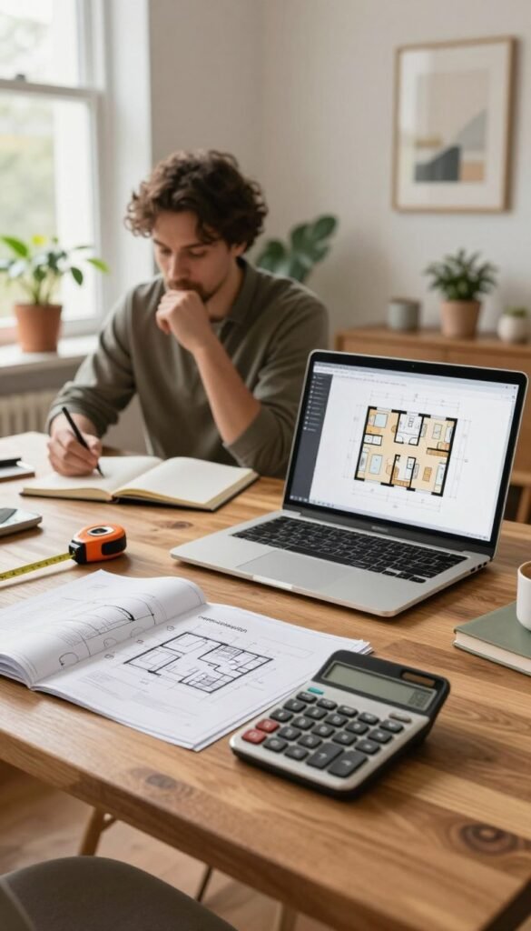 A serene and inviting workspace that showcases a detailed setup for calculating room renovations. In the foreground, a polished wooden desk is adorned with an open blueprint and a stylish calculator, while a laptop displays a digital model of a room layout. In the middle ground, a professional in smart casual attire is engaged in thoughtful analysis, with tools like a measuring tape and a notepad nearby. The background features soft, natural lighting filtering through a large window, illuminating the warm colors of the decor. Elements like potted plants and tasteful art add to the cozy atmosphere. The scene conveys professionalism and creativity, capturing the essence of “raum umbauten” calculations. The brand "WohnKiste" subtly incorporated into the design of the workspace. A serene and inviting workspace that showcases a detailed setup for calculating room renovations. In the foreground, a polished wooden desk is adorned with an open blueprint and a stylish calculator, while a laptop displays a digital model of a room layout. In the middle ground, a professional in smart casual attire is engaged in thoughtful analysis, with tools like a measuring tape and a notepad nearby. The background features soft, natural lighting filtering through a large window, illuminating the warm colors of the decor. Elements like potted plants and tasteful art add to the cozy atmosphere. The scene conveys professionalism and creativity, capturing the essence of “raum umbauten” calculations. The brand "WohnKiste" subtly incorporated into the design of the workspace.