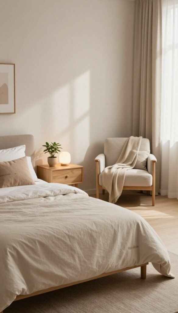 A serene and minimalist bedroom interior, showcasing a natural aesthetic with warm colors and an inviting atmosphere. In the foreground, a neatly made bed with soft, neutral-colored bedding and a few carefully placed decorative cushions. On one side of the bed, a simple wooden nightstand holding a small potted plant and a soft-glowing lamp. In the middle ground, a stylish armchair draped with a light throw, complemented by a lightweight area rug beneath. The background features soft natural light pouring in through sheer curtains, casting gentle shadows across the room. The walls have subtle decor elements, emphasizing a calm and peaceful vibe. The overall mood should evoke tranquility and simplicity, embodying the essence of "WohnKiste."