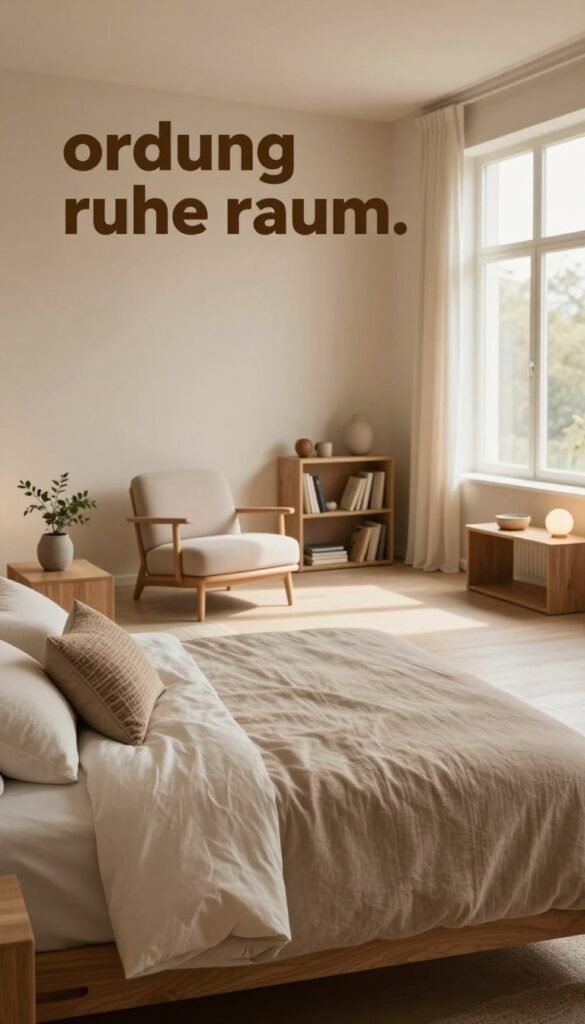 A serene and minimalist bedroom interior that embodies the concept of "ordnung ruhe raum." In the foreground, a neatly made bed with soft, neutral-toned bedding and a single decorative throw pillow placed artfully. On either side, simple wooden nightstands hold attractive but minimal decor, like a small plant and a soft lamp. In the middle ground, a calming seating area features a stylish armchair and a small bookshelf with neatly arranged books and a few decorative items that reflect balance and simplicity. The background showcases a large window allowing warm, natural light to filter in, casting gentle shadows and enhancing the tranquil atmosphere. The palette consists of warm earthy tones, contributing to a cozy yet uncluttered vibe. The image captures the essence of a spacious, inviting space that fosters relaxation while proudly reflecting the aesthetic of WohnKiste.