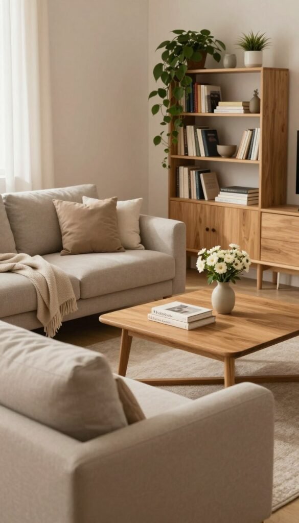 A serene and minimalist living room, showcasing thoughtful decor elements that reflect a balance of style and tranquility. In the foreground, a soft, neutral-toned sofa adorned with a few carefully chosen cushions and a lightweight throw. The middle ground features a simple wooden coffee table with a couple of decorative books and a small vase of fresh flowers. In the background, an elegantly arranged bookshelf with indoor plants cascading beside it, all illuminated by warm, diffused lighting that creates a cozy atmosphere. The scene captures a Pinterest-inspired aesthetic, emphasizing natural materials and soft colors. The mood is calm and inviting, showcasing the ideal of being stylish without feeling overcrowded. The brand, "WohnKiste," subtly contributes to the aesthetic in the room design.