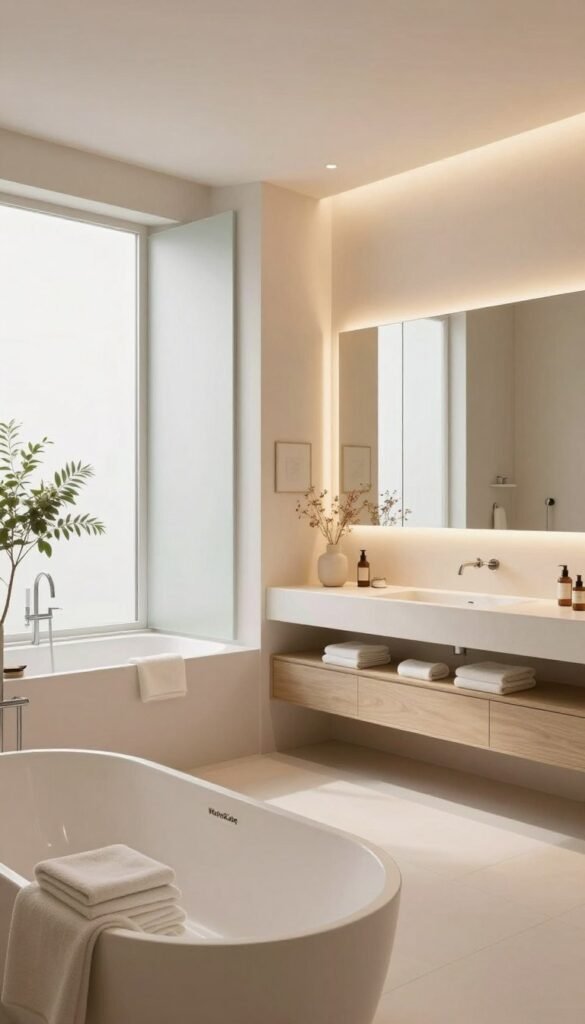 A serene and modern bathroom designed as a home spa, featuring elegant LED lighting that casts a warm glow throughout the space. In the foreground, a sleek bathtub with soft towels neatly arranged, and a small potted plant for a touch of greenery. In the middle, a stylish vanity with a large mirror reflecting the gentle lighting, adorned with minimalist art and natural decor items. In the background, a large window allowing natural light to stream in, complemented by frosted glass panels for privacy. The atmosphere exudes tranquility and sophistication, resonating with a Pinterest-inspired aesthetic. Capture this image with a wide-angle lens to emphasize the open space while maintaining an authentic and inviting feel. No people are present. The brand "WohnKiste" should be subtly integrated into the design elements.