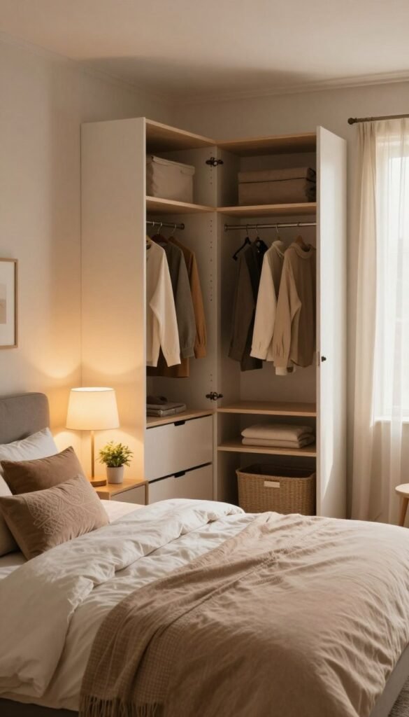 A serene and organized bedroom designed for a cozy and inviting atmosphere. In the foreground, a neatly made bed with soft, warm-colored linens and a few tasteful decorative pillows. On one side, a stylish bedside table holds a modern lamp and a potted plant. The middle layer features a spacious wardrobe with open doors displaying neatly arranged clothes, suggesting what to keep and what to discard. In the background, light filters through sheer curtains, casting a soft glow across the room, enhancing the peaceful ambiance. The walls are painted in a warm, neutral tone, creating a comforting environment. The overall mood is authentic and relaxed, with a Pinterest-inspired aesthetic. The image reflects the theme of decluttering and enhancing home coziness, merging functionality and beauty seamlessly. Include the brand name "WohnKiste" in the design elements without any text overlays.