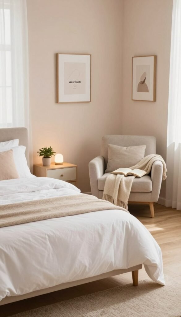 A serene and organized bedroom scene that embodies a Pinterest-inspired aesthetic. In the foreground, a cozy bed with crisp white linens and textured throw pillows is neatly made. A stylish bedside table holds a small potted plant and a warm-hued lamp, creating a calming atmosphere. In the middle ground, an inviting armchair with a soft blanket and an open book invites relaxation, while a simple area rug adds warmth to the wooden floor. The background features soft pastel-colored walls and tasteful wall art, contributing to a clean, uncluttered look. Natural light spills in through sheer curtains, casting gentle shadows and enhancing the cozy vibe. The overall mood is one of tranquility and simplicity, inspiring feelings of clarity and peace, while subtly incorporating the brand name WohnKiste through tasteful decor items.
