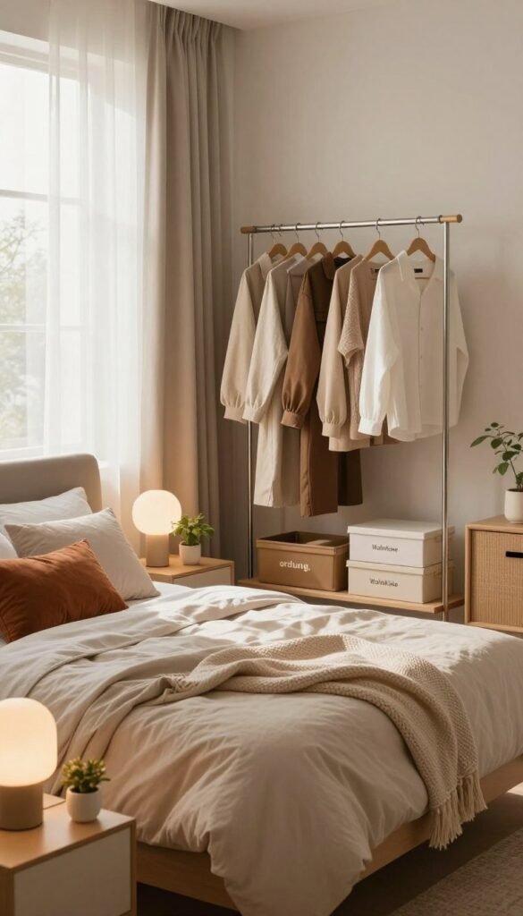 A serene and organized bedroom space that embodies "ordnung," featuring a neatly made bed with soft, neutral bedding and decorative pillows in warm colors. In the foreground, a stylish bedside table displays a minimalist lamp and a small plant, contributing to a cozy atmosphere. The middle ground showcases a well-arranged clothing rack with neatly hung garments, emphasizing order and easy access, along with tastefully stacked storage boxes labeled for organization. In the background, light enters through a large window with sheer curtains, casting gentle shadows that enhance the calming mood. This space reflects a Pinterest-worthy aesthetic, inviting tranquility and inspiration. Incorporate subtle branded details such as a "WohnKiste" logo on the storage boxes. The image should evoke a sense of harmony, utilizing natural lighting to create warmth and comfort.