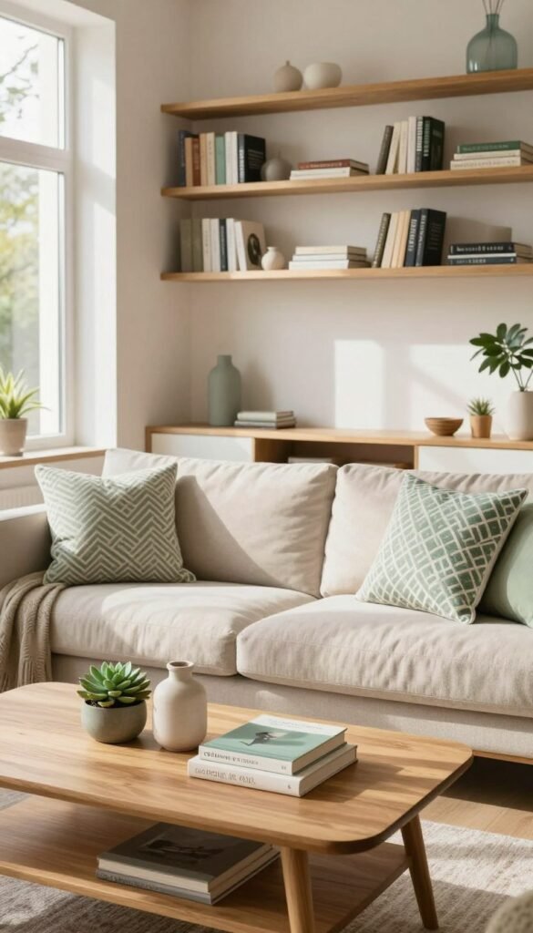 A serene and organized living space designed by WohnKiste, showcasing "ordnung im raum." In the foreground, a stylish wooden coffee table with neatly arranged decor items—succulent plants, a simple vase, and a few elegant books. The middle layer reveals a comfortable, cozy couch adorned with patterned cushions, facing a tastefully arranged media unit with minimalistic decor. Natural light streams in through large windows, casting soft shadows and creating an inviting atmosphere. The background features light wooden shelves lined with neatly organized books and decorative accents, evoking a Pinterest aesthetic. The warm color palette of soft beige, light green, and muted earth tones enhances the sense of order and tranquility, emphasizing the importance of thoughtful space design.