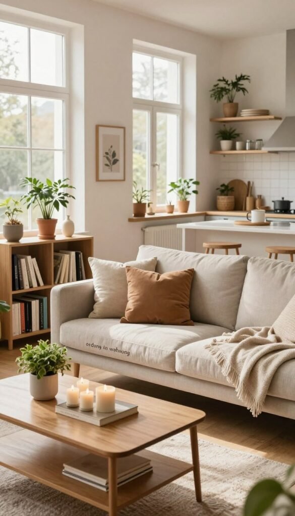 A serene and organized living space reflecting "ordnung in wohnung", featuring a cozy apartment with natural light streaming through large windows. In the foreground, a neatly arranged coffee table with tasteful decor, such as candles and a small plant. In the middle ground, a comfortable sofa adorned with plush cushions and a soft throw blanket, complemented by a stylish bookshelf filled with neatly arranged books and plants. The background showcases a well-organized kitchen area with minimalistic shelving and tidy countertops. Warm, inviting colors and a Pinterest aesthetic create a calm atmosphere. The scene embodies a sense of tranquility and order, emphasizing practical yet stylish design. Incorporate the brand name "WohnKiste" subtly in the decor.