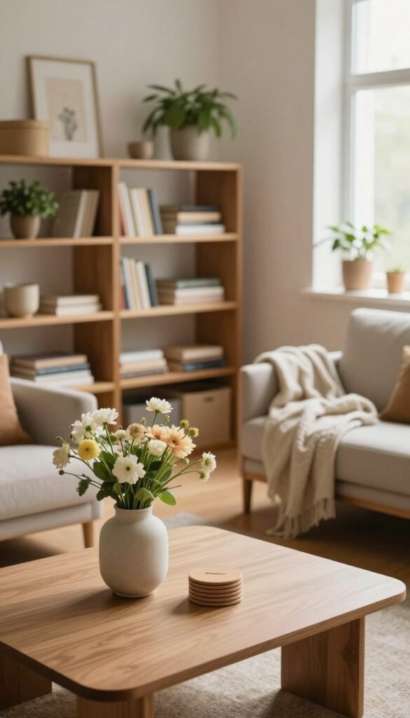A serene and organized living space that embodies "ordnung und stauraum," with an emphasis on timeless design. In the foreground, a beautifully arranged minimalist coffee table featuring a stylish vase with fresh flowers and a neatly stacked set of coasters. The middle section showcases elegant shelving units filled with books, decorative boxes, and potted plants, all in warm wood tones. In the background, a cozy nook with a well-placed armchair and soft, inviting throw blanket. The room is bathed in soft, natural light streaming through large windows, creating a peaceful atmosphere. The lens should capture this scene from a slightly elevated angle, emphasizing depth and inviting viewers to feel the tranquility of the space. The overall aesthetic should reflect a Pinterest-inspired authenticity with warm colors, devoid of any text or logos, and all elements should align with the brand "Wohnkiste."