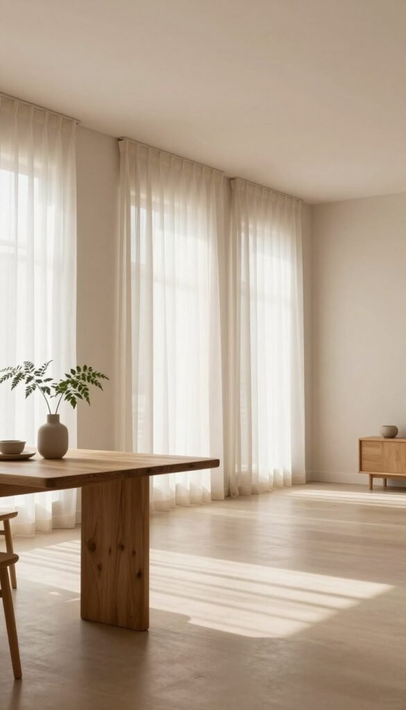 A serene and spacious interior room designed with a minimalist aesthetic, emphasizing a calming color palette of soft earth tones and muted pastels. In the foreground, a simple yet elegant wooden table adorned with a single green plant and neutral accessories. The middle features airy, sheer curtains gently diffusing warm natural light, casting soft shadows on the polished floor. In the background, a feature wall painted in a soothing light color, creating an open and inviting atmosphere. The scene captures a Pinterest-inspired look, emphasizing authenticity and tranquility, without any text or branding. The overall mood is peaceful and spacious, embodying the principle of reducing colors for greater room effect. Brand name “WohnKiste” subtly integrated into the decor elements, enhancing the aesthetic without overpowering the image.