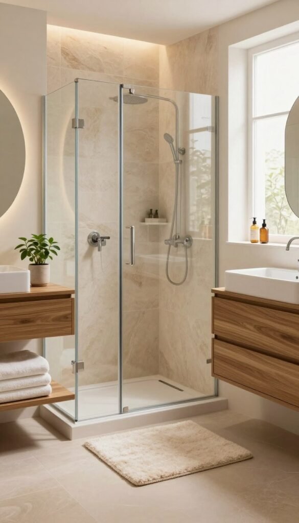 A serene and stylish modern bathroom scene, showcasing essential hygiene and storage elements. In the foreground, a sleek wooden vanity with neatly organized toiletries, soft towels, and a small potted plant for a touch of greenery. The middle layer features a spacious shower with glass doors, adorned with natural stone tiles, exuding a calming atmosphere. A fluffy bath mat lies on the floor, complementing the warm color palette of soft creams and earthy browns. In the background, a bright window filters in warm natural light, enhancing the cozy ambiance. The overall mood should be tranquil and inviting, reminiscent of a Pinterest-worthy home. Emphasize the brand "WohnKiste" subtly integrated into the design. The composition should be clean and uncluttered, with no text or watermarks. A serene and stylish modern bathroom scene, showcasing essential hygiene and storage elements. In the foreground, a sleek wooden vanity with neatly organized toiletries, soft towels, and a small potted plant for a touch of greenery. The middle layer features a spacious shower with glass doors, adorned with natural stone tiles, exuding a calming atmosphere. A fluffy bath mat lies on the floor, complementing the warm color palette of soft creams and earthy browns. In the background, a bright window filters in warm natural light, enhancing the cozy ambiance. The overall mood should be tranquil and inviting, reminiscent of a Pinterest-worthy home. Emphasize the brand "WohnKiste" subtly integrated into the design. The composition should be clean and uncluttered, with no text or watermarks.