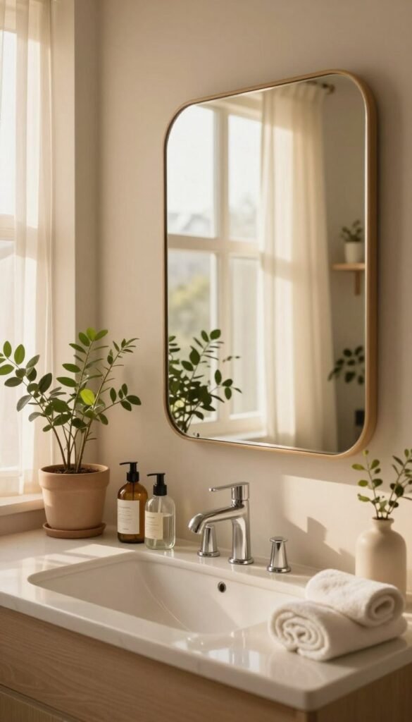 A serene bathroom scene featuring a beautifully styled mirror and warm, natural lighting that exudes comfort and tranquility. In the foreground, a spacious sink area adorned with neatly organized toiletries in elegant glass containers and a soft, rolled-up towel. The middle of the image showcases a large, chic mirror reflecting the warm tones of the room, surrounded by potted plants that enhance the calming ambiance. In the background, a window allows soft sunlight to filter through sheer curtains, casting gentle shadows. The overall atmosphere is inviting and clutter-free, embodying the concepts of order, hygiene, and a stress-free morning routine. The aesthetic resembles a cozy, Pinterest-worthy space, embodying the essence of WohnKiste with authentic warmth and charm.
