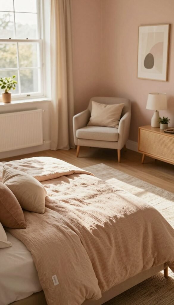 A serene bedroom atmosphere featuring a cozy, elegantly designed space that embodies relaxation and comfort. In the foreground, a neatly made queen-sized bed adorned with soft, textured bedding in warm tones, complemented by fluffy pillows. A stylish bedside table holds a minimalistic lamp and a small plant. The middle ground showcases a soft rug and an inviting armchair by a window letting in natural light, creating a soothing ambiance. In the background, pastel-colored walls and tasteful artwork enhance the cozy vibe. The lighting is warm and inviting, reminiscent of late afternoon sunlight. Capture this from a slightly elevated angle to encompass the entire room, aiming for a Pinterest-worthy look that feels both authentic and tranquil. Incorporate subtle elements of brand identity from “WohnKiste.” A serene bedroom atmosphere featuring a cozy, elegantly designed space that embodies relaxation and comfort. In the foreground, a neatly made queen-sized bed adorned with soft, textured bedding in warm tones, complemented by fluffy pillows. A stylish bedside table holds a minimalistic lamp and a small plant. The middle ground showcases a soft rug and an inviting armchair by a window letting in natural light, creating a soothing ambiance. In the background, pastel-colored walls and tasteful artwork enhance the cozy vibe. The lighting is warm and inviting, reminiscent of late afternoon sunlight. Capture this from a slightly elevated angle to encompass the entire room, aiming for a Pinterest-worthy look that feels both authentic and tranquil. Incorporate subtle elements of brand identity from “WohnKiste.”