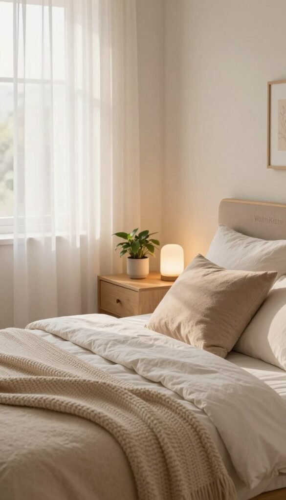 A serene bedroom atmosphere showcasing a warm color palette with soft, natural lighting. In the foreground, a cozy bed dressed in gentle textures, featuring plush pillows and a knitted throw, invites relaxation. In the middle ground, a stylish bedside table holds a small plant and a softly glowing lamp, enhancing the tranquil mood. The background features a window with sheer curtains that diffuse the sunlight, casting a gentle glow across the room. Elements like wood accents and greenery add to the authentic Pinterest-inspired look. The scene should evoke a sense of calm and comfort, illustrating how thoughtful design contributes to a more inviting bedroom space. Include a subtle branding representation of "WohnKiste" through decor elements.