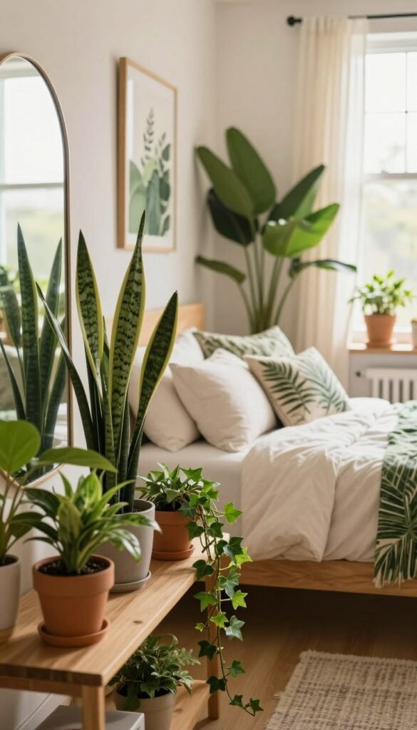 A serene bedroom corner featuring lush, vibrant green plants that enhance the atmosphere without being overwhelming. In the foreground, a stylish wooden shelf holds a variety of potted plants, including a snake plant and a cascading ivy, arranged neatly alongside a decorative mirror that reflects soft, natural light. The middle ground showcases a cozy bed adorned with neutral-colored linens, accentuated by a few delicate plant-themed pillows, inviting tranquility. The background features soft, warm-toned walls and large windows allowed to filter gentle sunlight, creating an inviting ambiance. The composition evokes a Pinterest-worthy aesthetic, emphasizing a harmonious blend of nature and decor in a stylish and clutter-free design. Perfectly encapsulates the brand WohnKiste's commitment to authentic, calming interiors.