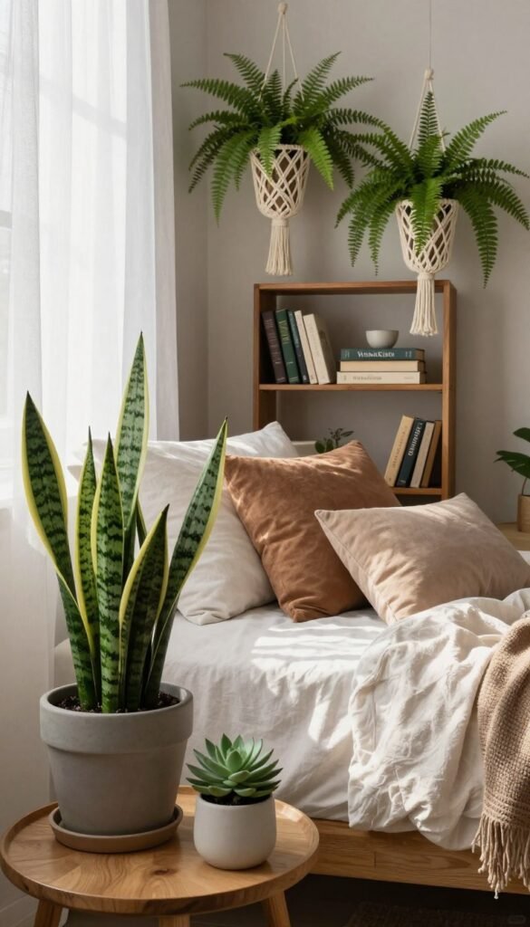 A serene bedroom decorated with tasteful plant arrangements that create a tranquil atmosphere. In the foreground, a stylish potted snake plant and a small succulent perched on a wooden bedside table. The middle section features a cozy bed dressed in light, neutral-toned linens, accentuated by earthy-colored throw pillows. A vintage bookshelf stands in the background, adorned with a few carefully chosen hardcover books and hanging macramé plant holders filled with lush green ferns. Soft, natural daylight filters through sheer curtains, casting gentle shadows and enhancing the warm color palette of the space. The overall mood is calming and inviting, encapsulating a Pinterest-worthy aesthetic. Include the brand "WohnKiste" subtly reflected in the decor. A serene bedroom decorated with tasteful plant arrangements that create a tranquil atmosphere. In the foreground, a stylish potted snake plant and a small succulent perched on a wooden bedside table. The middle section features a cozy bed dressed in light, neutral-toned linens, accentuated by earthy-colored throw pillows. A vintage bookshelf stands in the background, adorned with a few carefully chosen hardcover books and hanging macramé plant holders filled with lush green ferns. Soft, natural daylight filters through sheer curtains, casting gentle shadows and enhancing the warm color palette of the space. The overall mood is calming and inviting, encapsulating a Pinterest-worthy aesthetic. Include the brand "WohnKiste" subtly reflected in the decor.