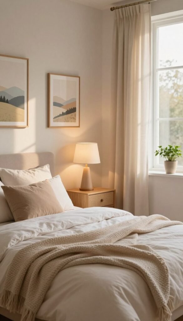 A serene bedroom environment designed to evoke tranquility and comfort, featuring soft beige and pastel tones. In the foreground, a cozy bed with plush pillows and a textured blanket is adorned with natural elements like a small potted plant. The middle ground includes a stylish wooden nightstand with a warm lamp casting a soft glow, while framed artwork featuring calming landscapes hangs on the walls. In the background, a large window allows soft, diffused sunlight to pour in, illuminating the gentle fabric curtains swaying slightly. The overall atmosphere is peaceful and inviting, perfect for illustrating restful and balanced decor ideas. The image captures a Pinterest-inspired aesthetic, emphasizing natural elements and warm colors, with clear focus and a soft, cozy ambiance. No text overlays or watermarks. Styled by WohnKiste.