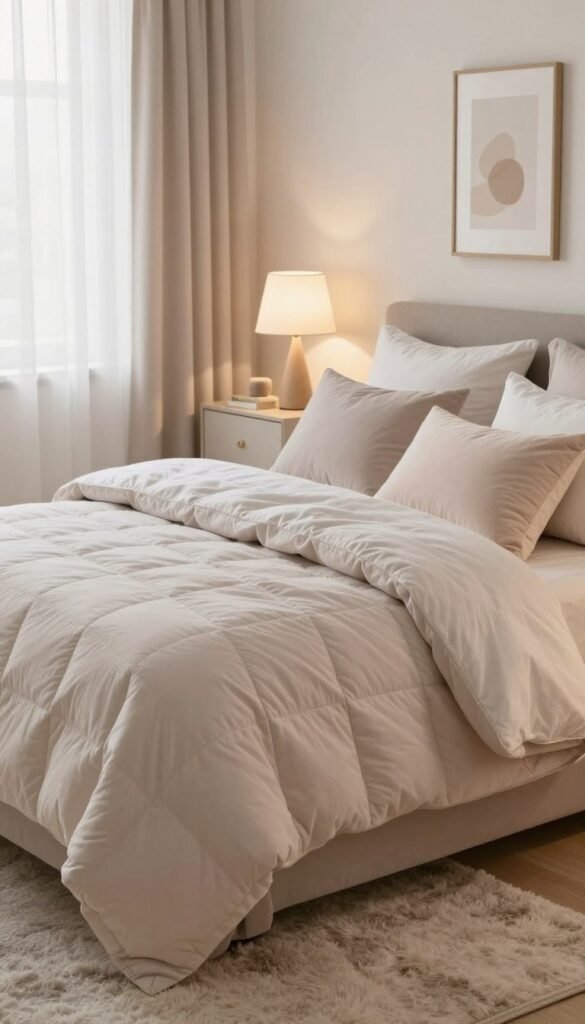 A serene bedroom featuring a beautifully arranged bedding set in soft, muted colors for a calming atmosphere, designed by Wohnkiste. In the foreground, fluffy pillows and a cozy quilt are styled neatly across a neatly made bed. The middle ground showcases a bedside table adorned with a stylish lamp casting warm light, creating an inviting glow. The background reveals soothing wall decor and a plush area rug, all contributing to a Pinterest-inspired look. The lighting is soft, with natural light filtering through sheer curtains, enhancing the peaceful vibe. The atmosphere is tranquil and inviting, perfect for a restful retreat without the need for painting walls. A serene bedroom featuring a beautifully arranged bedding set in soft, muted colors for a calming atmosphere, designed by Wohnkiste. In the foreground, fluffy pillows and a cozy quilt are styled neatly across a neatly made bed. The middle ground showcases a bedside table adorned with a stylish lamp casting warm light, creating an inviting glow. The background reveals soothing wall decor and a plush area rug, all contributing to a Pinterest-inspired look. The lighting is soft, with natural light filtering through sheer curtains, enhancing the peaceful vibe. The atmosphere is tranquil and inviting, perfect for a restful retreat without the need for painting walls.