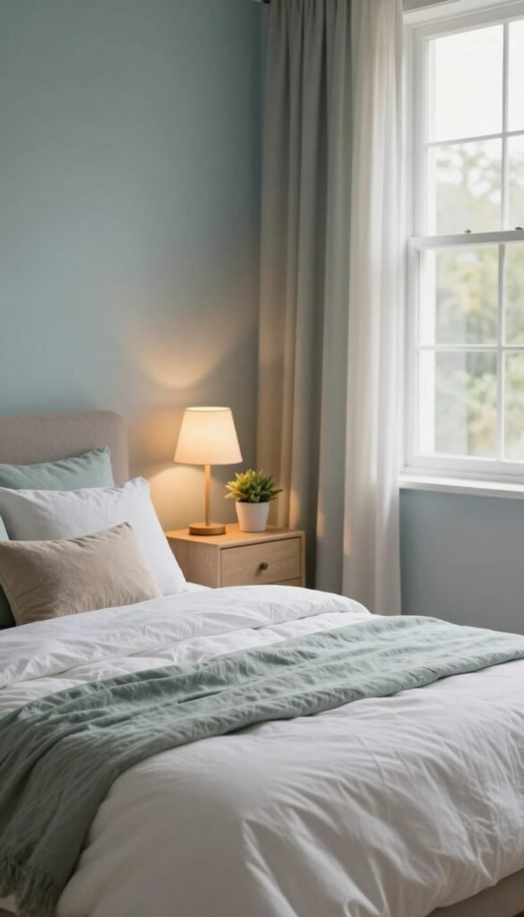 A serene bedroom featuring a harmonious blend of calming colors, emphasizing soft blues, gentle greens, and warm neutrals. The foreground showcases a neatly made bed with a plush white duvet and decorative pillows in pastel shades. In the middle, a stylish nightstand adorned with a small potted plant and a warm-hued lamp adds to the peaceful ambiance. The background reveals soft, flowing curtains framing a large window that lets in natural light, casting a warm glow throughout the room. The overall atmosphere is tranquil and inviting, capturing the essence of a restful sanctuary. The style is inspired by Pinterest aesthetics, emphasizing a natural look with a warm color palette. The brand name "Wohnkiste" subtly incorporated into the decor. Ideal lighting creates a cozy feel, enhancing the serene mood of the bedroom space. A serene bedroom featuring a harmonious blend of calming colors, emphasizing soft blues, gentle greens, and warm neutrals. The foreground showcases a neatly made bed with a plush white duvet and decorative pillows in pastel shades. In the middle, a stylish nightstand adorned with a small potted plant and a warm-hued lamp adds to the peaceful ambiance. The background reveals soft, flowing curtains framing a large window that lets in natural light, casting a warm glow throughout the room. The overall atmosphere is tranquil and inviting, capturing the essence of a restful sanctuary. The style is inspired by Pinterest aesthetics, emphasizing a natural look with a warm color palette. The brand name "Wohnkiste" subtly incorporated into the decor. Ideal lighting creates a cozy feel, enhancing the serene mood of the bedroom space.