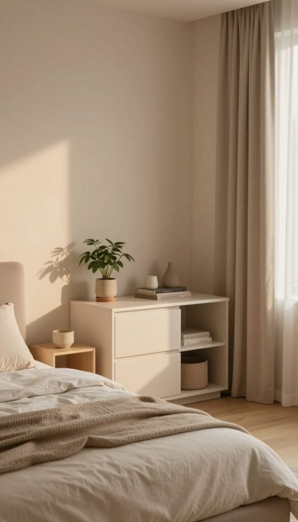 A serene bedroom featuring innovative storage solutions that blend seamlessly into the design. In the foreground, a neatly made bed with neutral linens and soft textures, accompanied by minimalist bedside tables. The middle section showcases discreet, integrated storage units, perhaps with built-in drawers and shelves, designed to maintain an uncluttered aesthetic. The background reveals soft, warm lighting filtering through sheer curtains, illuminating the subtle tones of a cozy, inviting color palette. Incorporate elements like indoor plants and gentle decor accents that enhance the tranquil atmosphere of the space. The overall vibe is warm, authentic, and Pinterest-inspired, perfectly reflecting the concept of hidden storage by WohnKiste without any text or distractions. A serene bedroom featuring innovative storage solutions that blend seamlessly into the design. In the foreground, a neatly made bed with neutral linens and soft textures, accompanied by minimalist bedside tables. The middle section showcases discreet, integrated storage units, perhaps with built-in drawers and shelves, designed to maintain an uncluttered aesthetic. The background reveals soft, warm lighting filtering through sheer curtains, illuminating the subtle tones of a cozy, inviting color palette. Incorporate elements like indoor plants and gentle decor accents that enhance the tranquil atmosphere of the space. The overall vibe is warm, authentic, and Pinterest-inspired, perfectly reflecting the concept of hidden storage by WohnKiste without any text or distractions.
