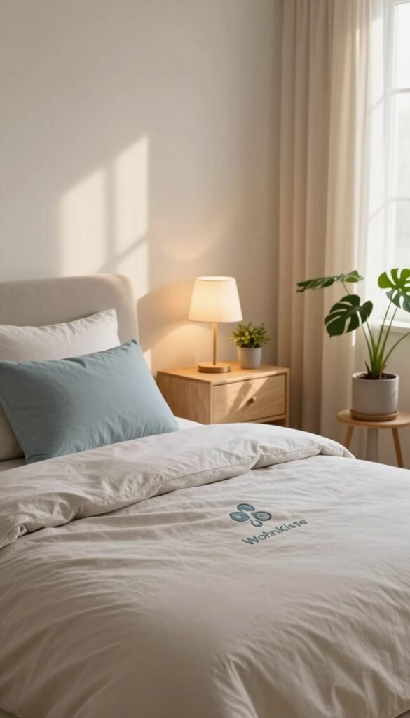 A serene bedroom interior designed to evoke a calming atmosphere, featuring a palette inspired by soothing colors such as beige, soft blues, and muted greens. In the foreground, a cozy bed with plush pillows and a light, airy duvet invites relaxation. The middle ground showcases a stylish nightstand with a minimalist lamp casting warm, gentle light. Potted plants will add a touch of nature, enhancing the tranquil vibe. In the background, soft drapes filter natural sunlight, illuminating the entire space with warm undertones, creating a peaceful ambiance. The scene embodies a Pinterest-worthy aesthetic, showcasing the brand "WohnKiste" without any text or markings.