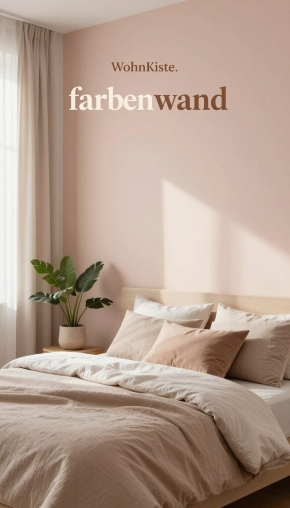A serene bedroom interior featuring a "farben wand" designed to inspire tranquility and warmth. In the foreground, soft, textured bedding in muted earth tones lies on a cozy bed, complemented by elegant, minimalist decor. The middle of the scene showcases a wall painted in soothing pastel colors, with subtle gradients to evoke a calming atmosphere. Accents of natural wood and greenery add a fresh touch, enhancing the sense of peace. In the background, soft natural light filters through sheer curtains, creating gentle highlights and shadows that enhance the inviting ambiance. The image should reflect a Pinterest-worthy aesthetic, combining authenticity and warmth, reflecting the brand "WohnKiste." The mood is relaxed, picturesque, and harmonious, ideal for promoting a restful environment without any text or overlays.