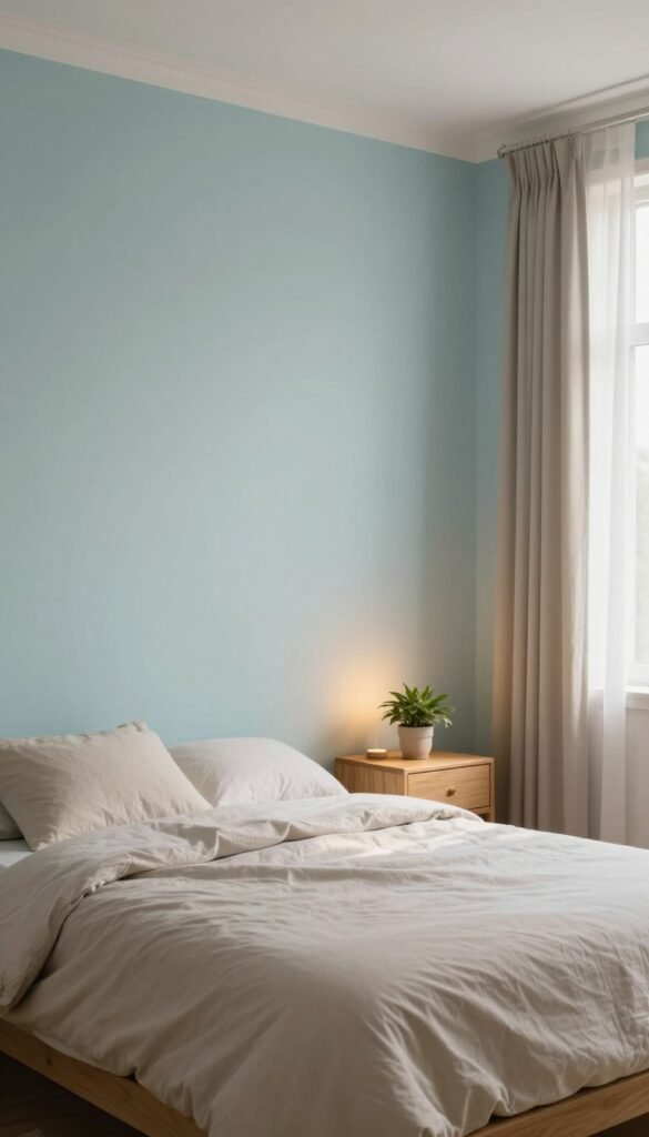 A serene bedroom interior featuring a spacious wall painted in soothing pastel colors like soft blues and greens, creating a calming atmosphere. The foreground includes a minimalist, comfortable bed adorned with cozy, neutral-toned linens. In the middle ground, a stylish wooden nightstand holds a small potted plant and a gently glowing bedside lamp, enhancing the tranquil vibe. The background showcases a large window with sheer curtains allowing warm, natural light to filter in, casting soft shadows throughout the room. The overall composition evokes a sense of peacefulness and retreat, perfect for relaxation. Styled in a Pinterest aesthetic, showcasing natural materials and minimalistic decor. No text or branding is visible, creating an authentic and tranquil environment.