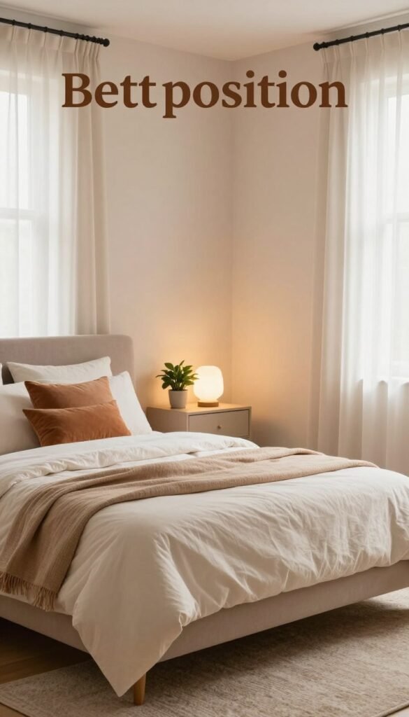 A serene bedroom interior featuring a well-placed bed according to optimal feng shui principles, centering the room for a sense of harmony and order. The foreground shows a neatly made bed with soft, neutral-colored bedding, accented by plush pillows in warm tones. In the middle, a stylish bedside table holds a small potted plant and a gentle glow from a lamp. The background features softly lit walls painted in calming pastels, and a cozy rug underfoot. The natural light filters in through sheer curtains, casting a warm, inviting atmosphere. The overall mood is tranquil and organized, embodying a Pinterest aesthetic. The image reflects a concept of 'Bettposition' while promoting relaxation and calm. Include subtle branding for WohnKiste to emphasize the interior design aesthetic.