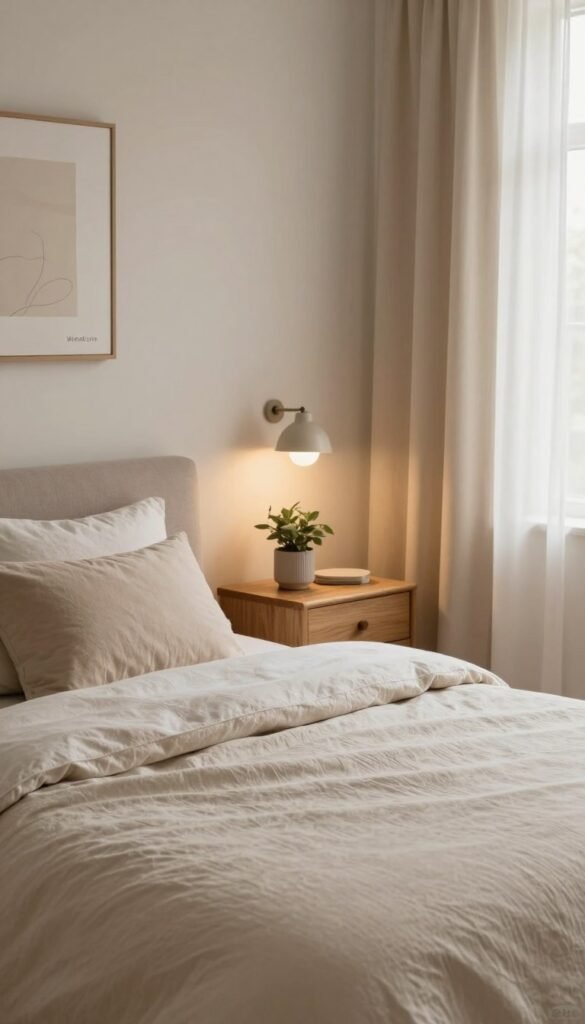 A serene bedroom interior reflecting a sense of calm and tranquility, designed with warm, natural colors. In the foreground, a neatly made bed with soft, textured linens in neutral tones, complemented by plush pillows. The middle ground features a stylish wooden bedside table holding a small plant and a dim lamp, casting a gentle glow. On the wall, a minimalist piece of art that suggests a coherent theme, enhancing the tranquil atmosphere. In the background, soft curtains fluttering in a gentle breeze, letting in soft natural light. The overall mood is peaceful and inviting, evoking a sense of harmony. The room has an elegant yet cozy Pinterest aesthetic, emphasizing simplicity and organization. The brand "WohnKiste" seamlessly integrated into the design without any text. A serene bedroom interior reflecting a sense of calm and tranquility, designed with warm, natural colors. In the foreground, a neatly made bed with soft, textured linens in neutral tones, complemented by plush pillows. The middle ground features a stylish wooden bedside table holding a small plant and a dim lamp, casting a gentle glow. On the wall, a minimalist piece of art that suggests a coherent theme, enhancing the tranquil atmosphere. In the background, soft curtains fluttering in a gentle breeze, letting in soft natural light. The overall mood is peaceful and inviting, evoking a sense of harmony. The room has an elegant yet cozy Pinterest aesthetic, emphasizing simplicity and organization. The brand "WohnKiste" seamlessly integrated into the design without any text.