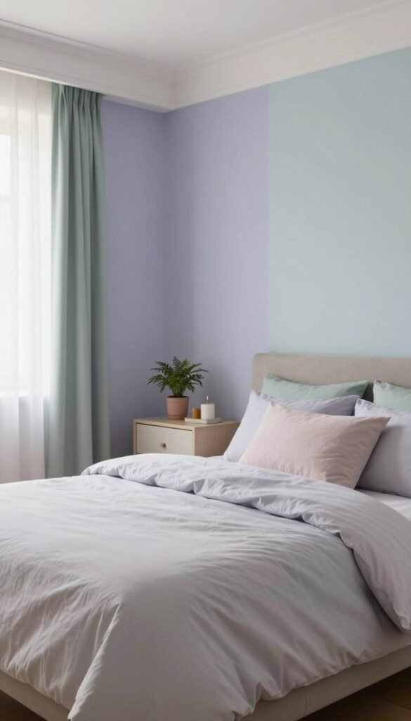 A serene bedroom interior showcasing a peaceful color palette ideal for relaxation. In the foreground, display a cozy bed with soft, inviting bedding in muted pastels. The middle ground features elegantly painted walls in soothing "Wohnkiste" shades such as light lavender, soft blue, and gentle green, harmoniously blending to create a tranquil ambiance. A stylish nightstand holds a small potted plant and decorative items, adding a touch of warmth. In the background, soft diffused natural light filters through sheer curtains, enhancing the room's calming atmosphere. The camera angle captures the room in a wide shot, emphasizing open space and inviting design. Overall, the image radiates a Pinterest-inspired aesthetic that evokes comfort and serenity. A serene bedroom interior showcasing a peaceful color palette ideal for relaxation. In the foreground, display a cozy bed with soft, inviting bedding in muted pastels. The middle ground features elegantly painted walls in soothing "Wohnkiste" shades such as light lavender, soft blue, and gentle green, harmoniously blending to create a tranquil ambiance. A stylish nightstand holds a small potted plant and decorative items, adding a touch of warmth. In the background, soft diffused natural light filters through sheer curtains, enhancing the room's calming atmosphere. The camera angle captures the room in a wide shot, emphasizing open space and inviting design. Overall, the image radiates a Pinterest-inspired aesthetic that evokes comfort and serenity.