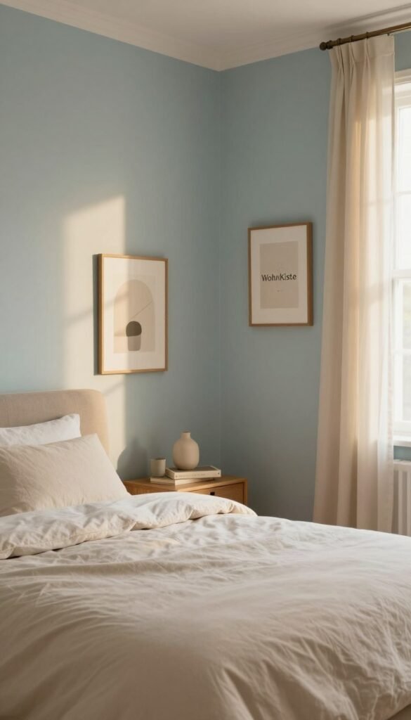 A serene bedroom interior showcasing calming wall colors, designed to evoke tranquility. In the foreground, a plush bed adorned with soft, neutral-toned bedding invites relaxation. The middle layer features walls painted in gentle hues of soft blues, muted greens, and warm beige, reflecting the essence of comfort and peace. Elegant decor, like minimalistic artwork and natural wood accents, enhances the inviting atmosphere. The background includes a softly lit window, allowing warm sunlight to filter through sheer curtains, casting gentle shadows and highlighting the textures of the room. This image embodies a Pinterest-inspired look, radiating authenticity and warmth, with the brand name "WohnKiste" subtly integrated into the decor without any text of its own.