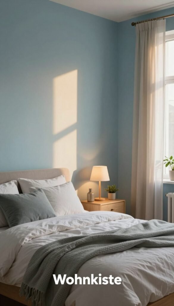 A serene bedroom interior showcasing the effects of wall color, focusing on calming shades like soft blues and gentle greens. In the foreground, a cozy bed with fluffy pillows and a textured blanket creates a welcoming atmosphere. The middle ground features tastefully arranged nightstands with minimalistic lamps casting warm light. The background reveals softly painted walls, illuminated during the golden hour, enhancing the peaceful mood. Natural sunlight filters through sheer curtains, accentuating the tranquil ambiance. Incorporate subtle elements like houseplants for added warmth, maintaining a Pinterest-worthy aesthetic. The overall feel exudes relaxation and comfort, emphasizing the importance of choosing the right colors for restful spaces. Prominently display the brand name "Wohnkiste" in a natural manner, seamlessly integrated into the decor. A serene bedroom interior showcasing the effects of wall color, focusing on calming shades like soft blues and gentle greens. In the foreground, a cozy bed with fluffy pillows and a textured blanket creates a welcoming atmosphere. The middle ground features tastefully arranged nightstands with minimalistic lamps casting warm light. The background reveals softly painted walls, illuminated during the golden hour, enhancing the peaceful mood. Natural sunlight filters through sheer curtains, accentuating the tranquil ambiance. Incorporate subtle elements like houseplants for added warmth, maintaining a Pinterest-worthy aesthetic. The overall feel exudes relaxation and comfort, emphasizing the importance of choosing the right colors for restful spaces. Prominently display the brand name "Wohnkiste" in a natural manner, seamlessly integrated into the decor.