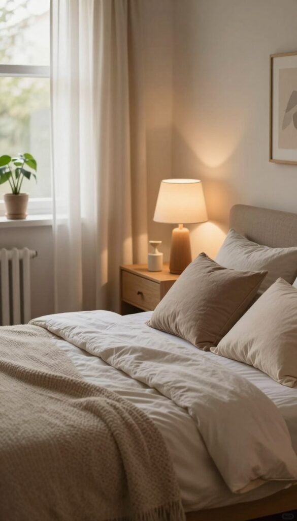 A serene bedroom scene depicting a cozy, well-organized space that conveys a sense of tranquility amidst chaos. In the foreground, a neatly made bed with soft, neutral-colored linens and plush, inviting pillows. A stylish nightstand with a lamp casting warm, gentle light, enhancing the calming ambiance. In the middle ground, soft textures like a fluffy rug and indoor plants adding natural elements that promote relaxation. The background features a softly lit window with sheer curtains allowing diffused sunlight to filter in, illuminating warm wood tones and earthy accents. The overall atmosphere is peaceful, inviting, and harmonious, designed to evoke feelings of comfort and relaxation. This image captures the essence of "raum unruhe," showcasing how intentional design can transform a bedroom into a soothing retreat, styled in a natural, Pinterest-worthy aesthetic with touches of "WohnKiste."