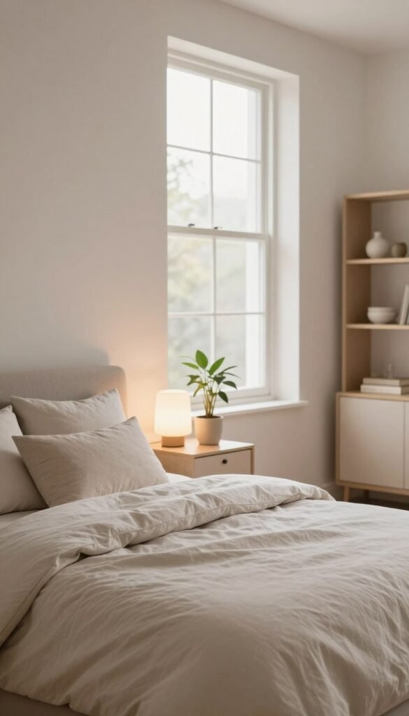 A serene bedroom scene designed for tranquility, showcasing a cozy and minimalist layout. In the foreground, a neatly made bed with soft, neutral-toned bedding and an abundance of plush pillows invites relaxation. A simple, stylish bedside table holds a small potted plant and a softly glowing lamp, casting warm light. In the middle, a large window allows natural sunlight to filter in, creating a peaceful ambiance with gentle shadows. The walls are painted in soft pastels, enhancing the calm mood. In the background, a faint, tasteful bookshelf filled with elegant decor items and a few personal touches, emphasizing simplicity over technology. The overall atmosphere radiates comfort and balance, reminiscent of a Pinterest-worthy design. The style reflects the brand "WohnKiste," highlighting natural elements and inviting warmth.