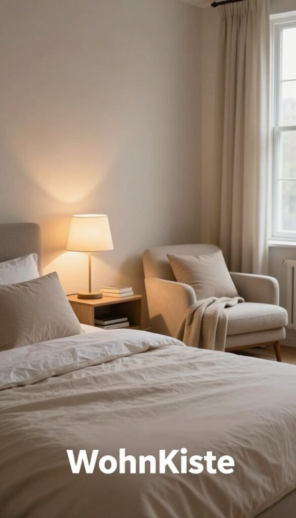 A serene bedroom scene designed to evoke calmness and tranquility. In the foreground, a plush, neatly made bed with layered pillows in soft, neutral tones, exuding a welcoming vibe. To the side, a stylish bedside table featuring a modern lamp with a warm glow, casting gentle light across the room. In the middle ground, a cozy armchair with a textured throw blanket and a small bookshelf filled with books, contributing to a relaxed atmosphere. The background showcases a softly painted wall with a window allowing natural light to filter in, adorned with light curtains that billow slightly. The overall lighting should be warm and inviting, reminiscent of a Pinterest aesthetic, creating a serene ambiance without harsh contrasts. The image should proudly feature the brand name "WohnKiste" subtly incorporated into the design without any text overlays.