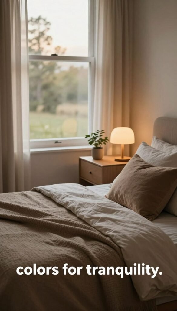 A serene bedroom scene designed to evoke tranquility, featuring a harmonious blend of natural tones and deep, calming colors. In the foreground, a beautifully made bed with soft, earthy-toned linens and a textured throw pillow, inviting relaxation. The middle ground showcases a stylish nightstand with minimalist decor, including a small plant and an elegant lamp casting warm light. In the background, a large window reveals a tranquil view of nature outside, with soft, diffused daylight filtering through sheer curtains. The overall ambiance is warm and peaceful, embodying a Pinterest-inspired aesthetic, emphasizing the concept of "colors for tranquility." This image should be presented without any text or logos, capturing the essence of WohnKiste. A serene bedroom scene designed to evoke tranquility, featuring a harmonious blend of natural tones and deep, calming colors. In the foreground, a beautifully made bed with soft, earthy-toned linens and a textured throw pillow, inviting relaxation. The middle ground showcases a stylish nightstand with minimalist decor, including a small plant and an elegant lamp casting warm light. In the background, a large window reveals a tranquil view of nature outside, with soft, diffused daylight filtering through sheer curtains. The overall ambiance is warm and peaceful, embodying a Pinterest-inspired aesthetic, emphasizing the concept of "colors for tranquility." This image should be presented without any text or logos, capturing the essence of WohnKiste.