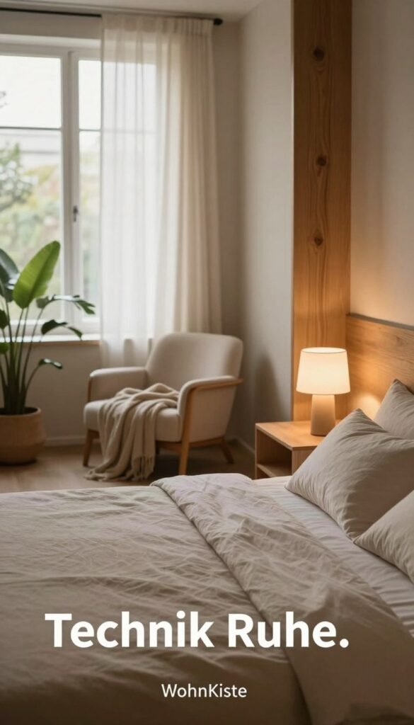 A serene bedroom scene emphasizing the concept of "Technik Ruhe." In the foreground, a neatly made bed with soft, neutral-toned linens set against a backdrop of calming, warm wooden accents. A small nightstand holds a minimalist lamp that casts a gentle, warm glow. In the middle ground, a cozy reading nook with a plush armchair draped with a soft throw, surrounded by houseplants that enhance the natural ambiance. The background features a large window with sheer curtains, allowing soft, diffused sunlight to filter through, creating a tranquil atmosphere. The overall color palette is earthy and soothing, aiming for a Pinterest-inspired aesthetic. The brand name "WohnKiste" is subtly incorporated into the scene without any visible text. A serene bedroom scene emphasizing the concept of "Technik Ruhe." In the foreground, a neatly made bed with soft, neutral-toned linens set against a backdrop of calming, warm wooden accents. A small nightstand holds a minimalist lamp that casts a gentle, warm glow. In the middle ground, a cozy reading nook with a plush armchair draped with a soft throw, surrounded by houseplants that enhance the natural ambiance. The background features a large window with sheer curtains, allowing soft, diffused sunlight to filter through, creating a tranquil atmosphere. The overall color palette is earthy and soothing, aiming for a Pinterest-inspired aesthetic. The brand name "WohnKiste" is subtly incorporated into the scene without any visible text.