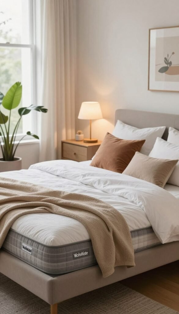 A serene bedroom scene featuring a beautifully made bed with a luxurious "WohnKiste" mattress, adorned with soft, inviting textiles in warm, natural colors. In the foreground, crisp white sheets and a cozy duvet are perfectly arranged, complemented by an assortment of plush pillows in earthy tones. The middle of the image showcases a stylish nightstand with a modern lamp casting a warm, inviting glow. In the background, the soft silhouette of a large window allows natural light to flood the room, illuminating houseplants and delicate wall art that enhance the tranquil atmosphere. The overall mood is one of relaxation and comfort, creating an inspiring setting for sleep and rejuvenation. A serene bedroom scene featuring a beautifully made bed with a luxurious "WohnKiste" mattress, adorned with soft, inviting textiles in warm, natural colors. In the foreground, crisp white sheets and a cozy duvet are perfectly arranged, complemented by an assortment of plush pillows in earthy tones. The middle of the image showcases a stylish nightstand with a modern lamp casting a warm, inviting glow. In the background, the soft silhouette of a large window allows natural light to flood the room, illuminating houseplants and delicate wall art that enhance the tranquil atmosphere. The overall mood is one of relaxation and comfort, creating an inspiring setting for sleep and rejuvenation.