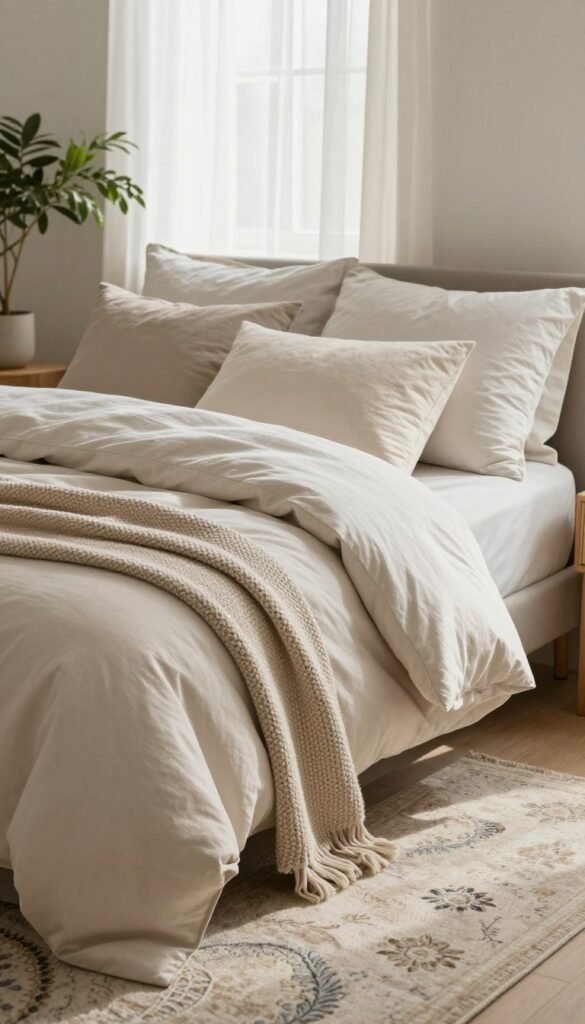 A serene bedroom scene featuring calming textiles that evoke tranquility. In the foreground, showcase a beautifully arranged bed with soft, light-colored bedding, including a plush duvet and textured throw pillows. Layer a cozy knit blanket at the foot of the bed. In the middle, place a soft, lightly patterned area rug that complements the bedding, enhancing the overall warmth. In the background, include gentle natural light filtering through sheer curtains, casting soft shadows and creating a peaceful ambiance. Decorate with subtle greenery, like potted plants, and incorporate tasteful wooden elements for a natural touch. Emphasize an inviting atmosphere suitable for relaxation. Capture a Pinterest-inspired aesthetic, with warm colors and an authentic, homely feel. Brand representation should highlight "WohnKiste" subtly within the design elements of the textiles.