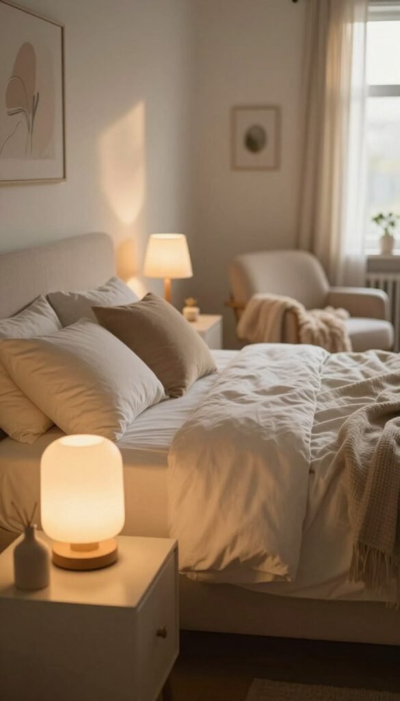 A serene bedroom scene illuminated by warm, indirect light, featuring a beautifully made bed with soft, neutral bedding. In the foreground, a stylish bedside table holds a softly glowing lamp with a warm hue, casting gentle shadows. The middle ground shows the inviting bed and a cozy armchair with a fluffy throw blanket, all enveloped in a tranquil atmosphere. The background reveals a softly painted wall adorned with simple, nature-inspired decor, creating a calming vibe. The windows allow soft, diffused sunlight to filter in, enhancing the overall warmth of the room. Shot with a soft-focus lens to evoke a dreamy, peaceful ambiance, reflecting a Pinterest aesthetic with authentic touches. Incorporate elements of the brand "WohnKiste" subtly in the decor.