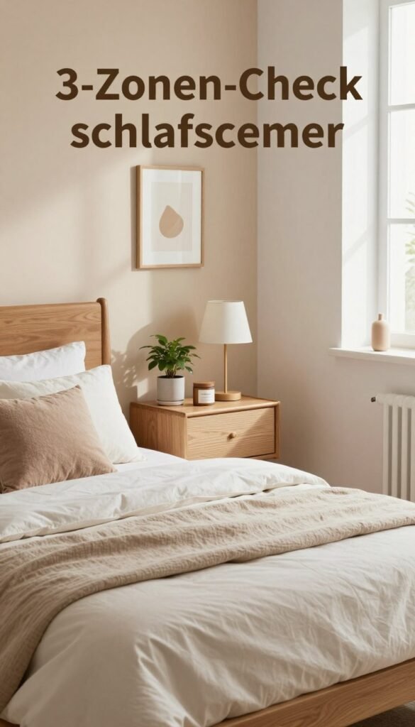 A serene bedroom scene inspired by "3-Zonen-Check schlafzimmer" with a focus on organization and structure. In the foreground, a neatly made bed with soft, light-colored linens, an elegant wooden headboard, and thoughtfully arranged decorative pillows. The middle layer features a stylish nightstand adorned with a small plant and a tasteful lamp, with personal items organized neatly beside it. In the background, a calming color palette of warm beige and soft white walls, with framed artwork and minimal decor, creating a cozy yet functional atmosphere. Soft, natural light pours in through a window, casting gentle shadows. The overall mood is inviting, promoting a sense of comfort and optimal functionality in bedroom space management. The brand "WohnKiste" is subtly implied through the choice of decor and style. A serene bedroom scene inspired by "3-Zonen-Check schlafzimmer" with a focus on organization and structure. In the foreground, a neatly made bed with soft, light-colored linens, an elegant wooden headboard, and thoughtfully arranged decorative pillows. The middle layer features a stylish nightstand adorned with a small plant and a tasteful lamp, with personal items organized neatly beside it. In the background, a calming color palette of warm beige and soft white walls, with framed artwork and minimal decor, creating a cozy yet functional atmosphere. Soft, natural light pours in through a window, casting gentle shadows. The overall mood is inviting, promoting a sense of comfort and optimal functionality in bedroom space management. The brand "WohnKiste" is subtly implied through the choice of decor and style.