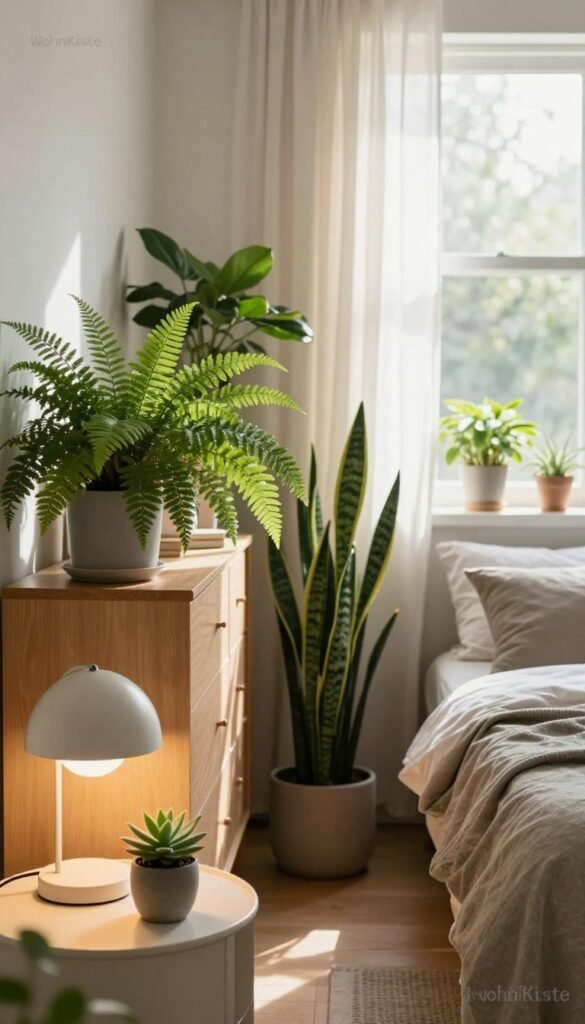 A serene bedroom scene showcasing an array of lush, green indoor plants that enhance the room's atmosphere. In the foreground, a small succulent sits on a stylish nightstand next to a modern lamp, casting a warm, inviting glow. In the middle, a variety of houseplants, like ferns and snake plants, are thoughtfully arranged on a dresser, with natural light streaming in through a large window draped in soft, airy curtains. The background features a cozy bed adorned with neutral-toned linens, creating a harmonious balance of nature and comfort. The overall mood is calm and refreshing, ideal for maintaining optimal room climate and acoustic balance. The image evokes a Pinterest-worthy aesthetic, emphasizing authenticity and tranquility, with the brand name "WohnKiste" subtly integrated into the scene.