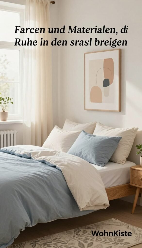 A serene bedroom scene showcasing calming colors and materials to create a tranquil atmosphere. In the foreground, a cozy bed made with soft, muted linens in shades of light blue and creamy white is adorned with plush pillows. A natural wood bedside table holds a small potted plant. In the middle, a delicate rug with subtle patterns adds texture, while a tasteful artwork depicting abstract shapes in soft earth tones hangs on the wall. The background features a softly lit window with sheer curtains allowing gentle sunlight to filter through, enhancing the warm ambiance. The overall mood is inviting and peaceful, perfect for relaxation. The image should capture a Pinterest-worthy aesthetic that embodies the essence of "Farben und Materialien, die Ruhe in den Raum bringen". Incorporate elements that suggest a brand aesthetic like "WohnKiste".