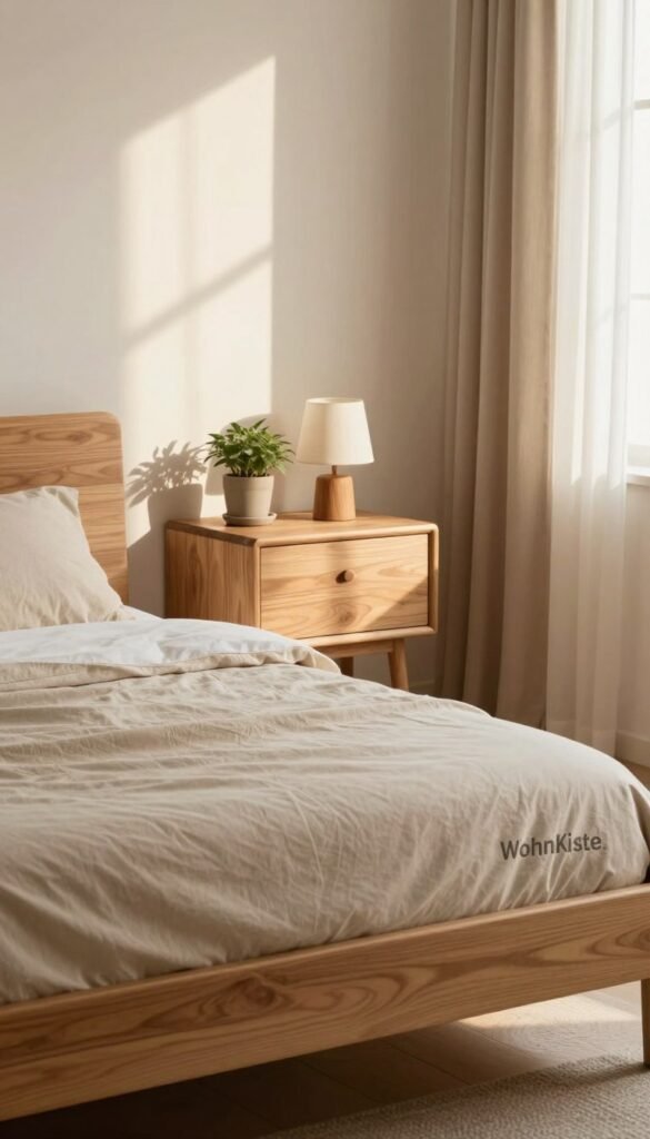 A serene bedroom scene showcasing natural wooden furniture, emphasizing eco-friendly materials and a calming atmosphere. In the foreground, a beautifully crafted wooden bed frame with soft, neutral-toned bedding creates a cozy sleeping space. The middle layer features a stylish wooden nightstand adorned with a small potted plant and a decorative lamp, enhancing the natural feel. In the background, large windows allow soft, warm sunlight to filter through sheer curtains, casting gentle shadows. The color palette incorporates warm earth tones, promoting tranquility. The overall mood is peaceful and inviting, conveying a sense of wellness. Capture this inspiring space in a Pinterest-worthy style, devoid of any text or logos, highlighting the brand "WohnKiste".