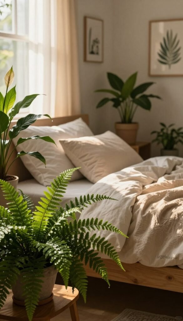 A serene bedroom scene showcasing various houseplants that enhance air humidity, creating a calming atmosphere. In the foreground, place lush green ferns and peace lilies on a wooden bedside table, their leaves glistening with moisture. In the middle, a cozy bed adorned with soft, neutral-colored linens invites relaxation, flanked by natural light filtering through sheer curtains, casting gentle shadows. In the background, a peaceful, muted wall color amplifies the warmth of the space, accented by subtle wall art featuring nature motifs. The overall lighting should be soft and warm, reminiscent of golden hour, with a slight blur to evoke a dreamy, Pinterest-worthy aesthetic. The cozy vibe should reflect tranquility and harmony, symbolizing a natural oasis for restful sleep. Add a whisper of "WohnKiste" signage subtly integrated into the decor.