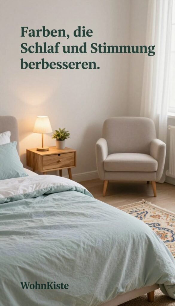 A serene bedroom setting to illustrate "Farben, die Schlaf und Stimmung verbessern." In the foreground, a cozy bed adorned with soft, warm-colored linens in shades of pastel blues and gentle greens. A wooden bedside table holds a small plant and a stylish lamp emitting a warm glow. In the middle ground, a decorative rug featuring intricate patterns complements the color scheme, and a comfortable armchair invites relaxation. The background reveals soft curtains gently swaying with a breeze, filtered natural light illuminating the space with a tranquil ambiance. The overall mood is calming and inviting, encouraging restful sleep and positive emotions. The image reflects a Pinterest-inspired aesthetic, authentic and devoid of any text or branding, yet subtly embodies the essence of "WohnKiste."