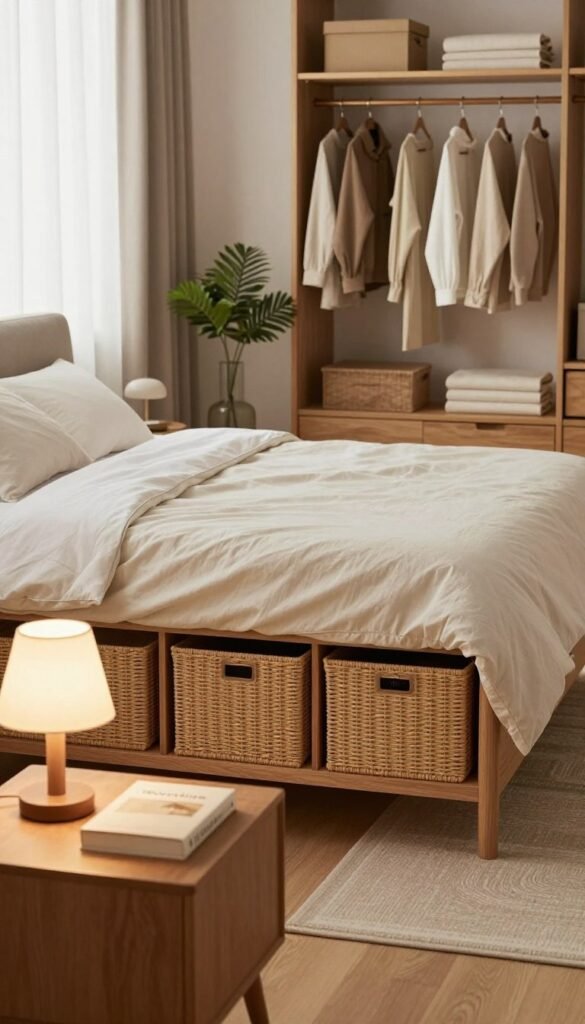 A serene bedroom showcasing an ideal example of "ordnung" with elegant storage solutions. In the foreground, a neatly organized bedside table with a small lamp and a hardcover book, all in warm wood tones. The middle features a stylish bed with crisp linens in soft, neutral colors, flanked by charming storage options such as woven baskets and chic under-bed compartments. In the background, a well-arranged wardrobe with clothes neatly hung and a decorative plant adding life to the space. Soft, natural light filters through sheer curtains, creating a cozy ambiance. The overall mood is peaceful and orderly, evoking a refined Pinterest aesthetic. The design should incorporate a brand element—WohnKiste—integrating it subtly into the ambiance without overt display.