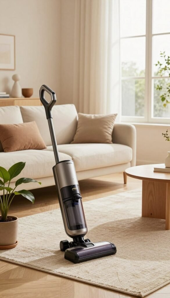 A serene, cozy living room environment that embodies cleanliness and air quality enhancement, featuring an elegantly arranged space with minimalistic furniture. In the foreground, a stylish, modern vacuum cleaner is placed next to a potted plant, symbolizing dust reduction efforts. The middle section showcases well-placed anti-dust fabrics and a soft rug, conveying warmth through earthy tones and subtle textures. In the background, large windows allow natural light to flood the room, creating a bright and inviting atmosphere. The lighting is warm and gentle, enhancing the cozy vibe. The overall composition reflects an authentic Pinterest-inspired aesthetic, promoting the theme of cleanliness without harsh chemicals. Incorporate the brand name "WohnKiste" subtly in the design.