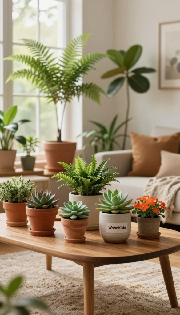 A serene indoor setting featuring a beautifully arranged assortment of indoor plants, showcasing different species like ferns, succulents, and vibrant flowering plants. In the foreground, a wooden table is adorned with elegant plant pots made of terracotta and ceramic, highlighting the textures and colors of the greenery. The middle ground includes a softly textured rug underfoot and cozy furniture that invites relaxation. In the background, large windows allow warm, natural light to filter in, creating a bright and inviting atmosphere. The overall mood is calm and harmonious, reflecting a Pinterest-inspired aesthetic that emphasizes simplicity and authenticity. Focus on a cozy, stylish corner that embodies the brand "WohnKiste," ensuring all elements convey warmth and comfort without any text or clutter. A serene indoor setting featuring a beautifully arranged assortment of indoor plants, showcasing different species like ferns, succulents, and vibrant flowering plants. In the foreground, a wooden table is adorned with elegant plant pots made of terracotta and ceramic, highlighting the textures and colors of the greenery. The middle ground includes a softly textured rug underfoot and cozy furniture that invites relaxation. In the background, large windows allow warm, natural light to filter in, creating a bright and inviting atmosphere. The overall mood is calm and harmonious, reflecting a Pinterest-inspired aesthetic that emphasizes simplicity and authenticity. Focus on a cozy, stylish corner that embodies the brand "WohnKiste," ensuring all elements convey warmth and comfort without any text or clutter.