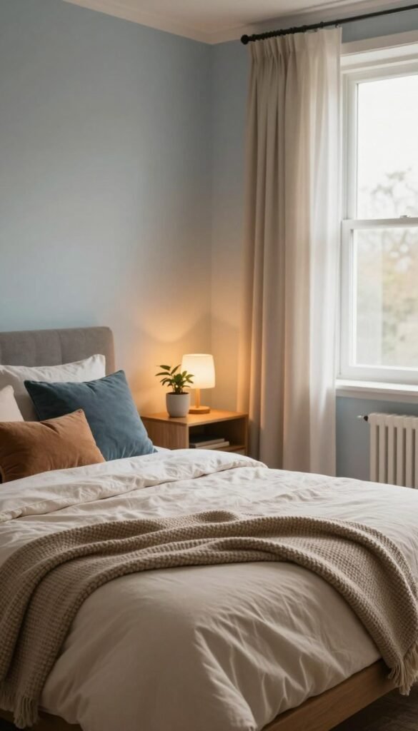 A serene interior bedroom scene designed to evoke tranquility through a harmonious color palette. In the foreground, a beautifully made bed with soft beige linens and a textured throw blanket, surrounded by plush cushions in muted blues and warm earth tones. In the middle ground, a stylish wooden bedside table with a small potted plant and a softly glowing lamp, creating a cozy atmosphere. The background features a large window dressed with sheer curtains, allowing natural light to filter in, illuminating the room with a warm glow. The walls are painted in pastel shades of blue and cream for a soothing ambiance. The overall mood is calm and inviting, perfect for a stylish sanctuary. The scene adheres to an authentic Pinterest aesthetic. No text or markings are present. WohnKiste branding subtly integrated within the decor style. A serene interior bedroom scene designed to evoke tranquility through a harmonious color palette. In the foreground, a beautifully made bed with soft beige linens and a textured throw blanket, surrounded by plush cushions in muted blues and warm earth tones. In the middle ground, a stylish wooden bedside table with a small potted plant and a softly glowing lamp, creating a cozy atmosphere. The background features a large window dressed with sheer curtains, allowing natural light to filter in, illuminating the room with a warm glow. The walls are painted in pastel shades of blue and cream for a soothing ambiance. The overall mood is calm and inviting, perfect for a stylish sanctuary. The scene adheres to an authentic Pinterest aesthetic. No text or markings are present. WohnKiste branding subtly integrated within the decor style.